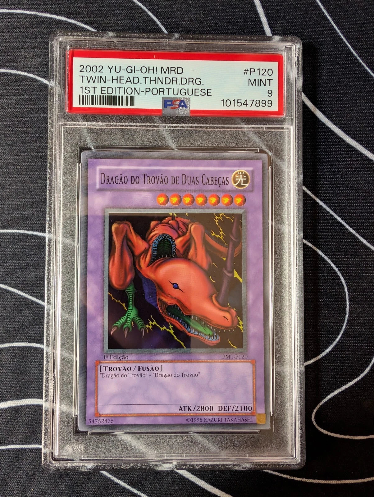 PSA 9 Twin-Headed Thunder Dragon, PMT-P120, 1st Edition Rare Metal Raiders, Yu-Gi-Oh! TCG Portuguese